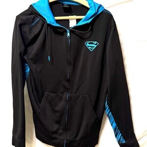 SUPERMAN Men's Large Logo Zipper Front Black with Blue Trim Superman Hoodie